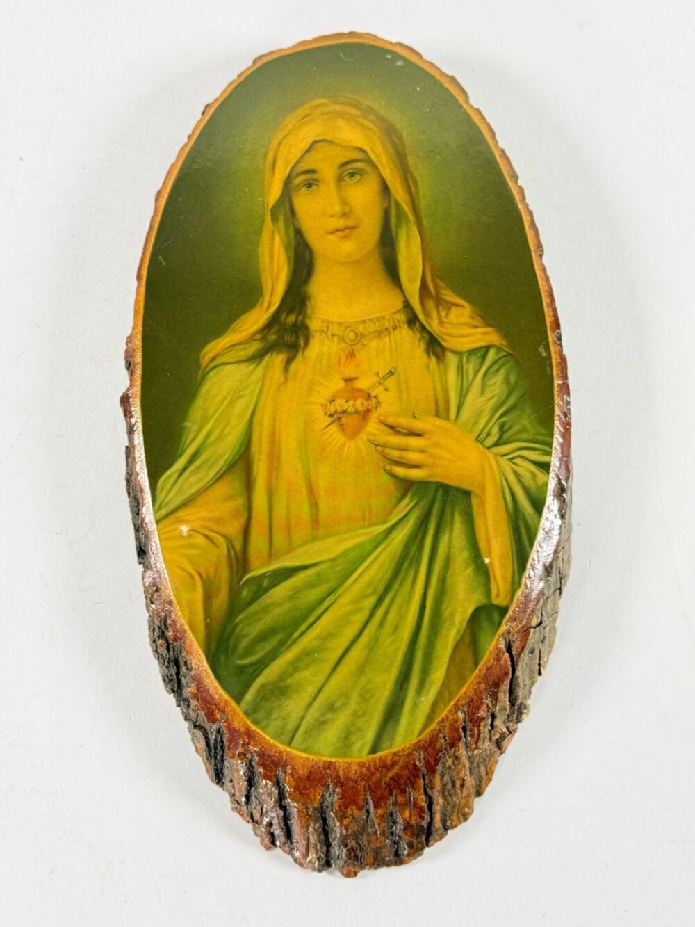 Vintage Immaculate Sacred Heart Mary Rustic Edge Wood Slice Wall Hanging Plaque